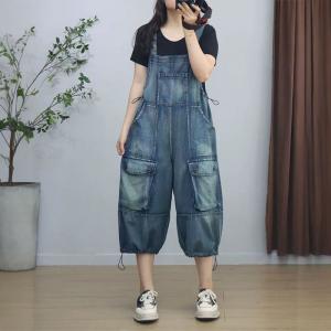 Drawstring Legs Light Wash Baggy Midi Overalls