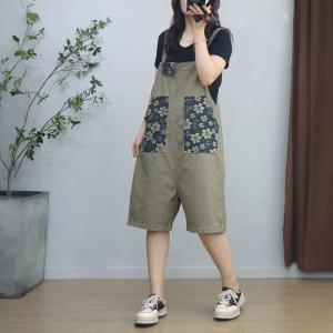 Flowers Pockets Pinstriped Wide Leg Overall Shorts