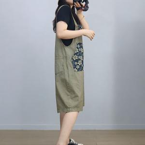 Flowers Pockets Pinstriped Wide Leg Overall Shorts