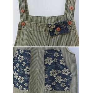 Flowers Pockets Pinstriped Wide Leg Overall Shorts