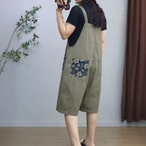 Flowers Pockets Pinstriped Wide Leg Overall Shorts
