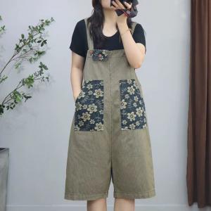 Flowers Pockets Pinstriped Wide Leg Overall Shorts