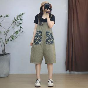 Flowers Pockets Pinstriped Wide Leg Overall Shorts