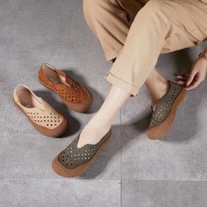 Leisure Chic Breathable Holes Leather Mom Flats