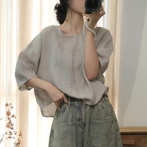 Loose-Fitting Puff Sleeves Linen Blouse