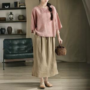 Loose-Fitting Puff Sleeves Linen Blouse