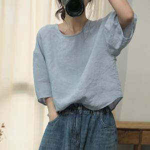 Loose-Fitting Puff Sleeves Linen Blouse
