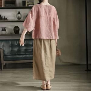 Loose-Fitting Puff Sleeves Linen Blouse