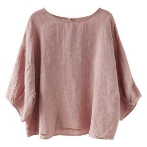 Loose-Fitting Puff Sleeves Linen Blouse
