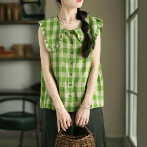 Scallop Collar Green Tartan Linen Vest