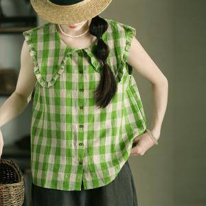 Scallop Collar Green Tartan Linen Vest