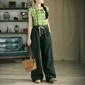 Scallop Collar Green Tartan Linen Vest