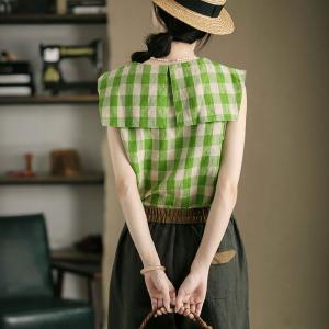 Scallop Collar Green Tartan Linen Vest