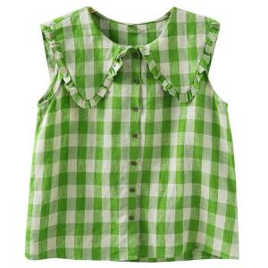 Scallop Collar Green Tartan Linen Vest
