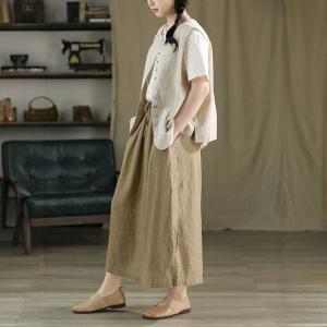 Button Fly Striped Cotton Linen Waistcoat