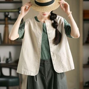Button Fly Striped Cotton Linen Waistcoat