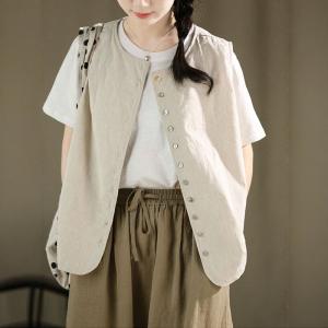 Button Fly Striped Cotton Linen Waistcoat