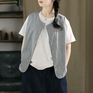 Button Fly Striped Cotton Linen Waistcoat