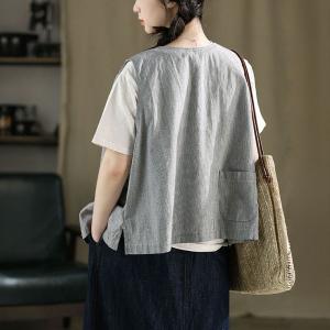 Button Fly Striped Cotton Linen Waistcoat