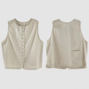 Button Fly Striped Cotton Linen Waistcoat