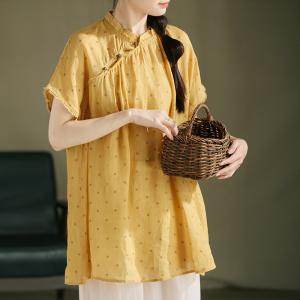 Yellow Polka Dot Ramie Mandarin Collar Tunic