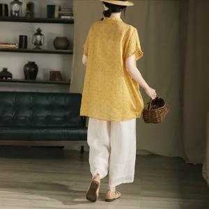 Yellow Polka Dot Ramie Mandarin Collar Tunic