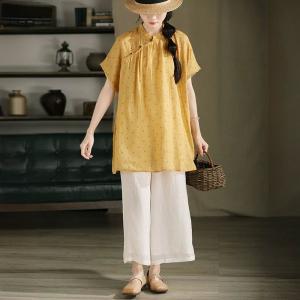 Yellow Polka Dot Ramie Mandarin Collar Tunic