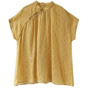 Yellow Polka Dot Ramie Mandarin Collar Tunic