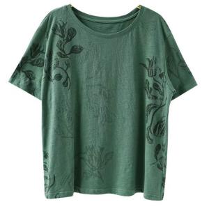Slub Cotton Crew Neck Printed Dark Green T-shirt