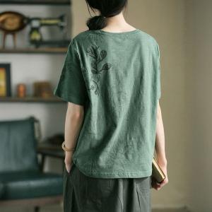 Slub Cotton Crew Neck Printed Dark Green T-shirt