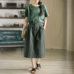 Slub Cotton Crew Neck Printed Dark Green T-shirt