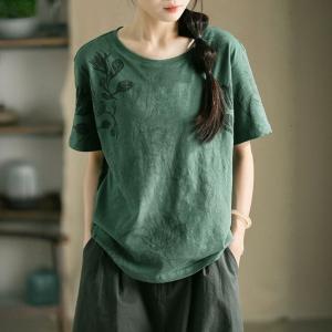 Slub Cotton Crew Neck Printed Dark Green T-shirt