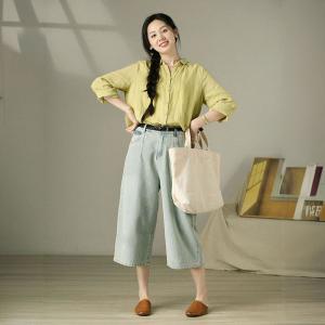 Yellowish Green Long Sleeves Linen Shirt for Women