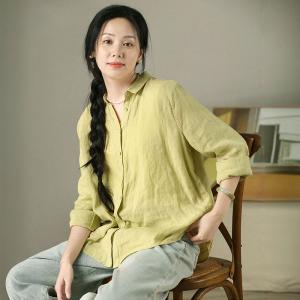 Yellowish Green Long Sleeves Linen Shirt for Women