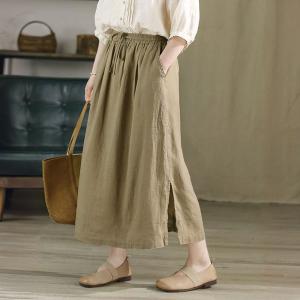 Drawstring Waist Maxi Linen Slit Skirt
