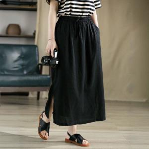Drawstring Waist Maxi Linen Slit Skirt