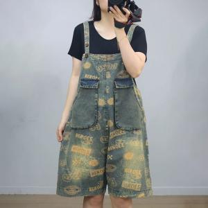 Yellow Letters Prints Wide Leg Overall Shorts