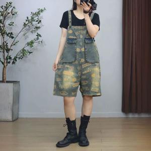 Yellow Letters Prints Wide Leg Overall Shorts