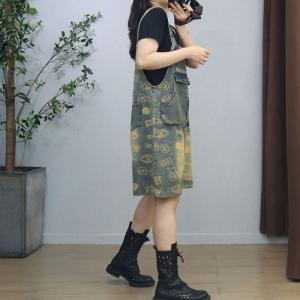 Yellow Letters Prints Wide Leg Overall Shorts