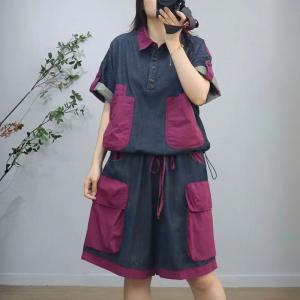Polo Neck Jean Shirt with Wide Leg Drawstring Shorts