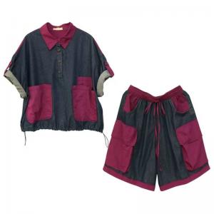 Polo Neck Jean Shirt with Wide Leg Drawstring Shorts