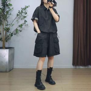 Polo Neck Jean Shirt with Wide Leg Drawstring Shorts