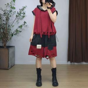 90s Fashion Hooded Blouse with Ripped Jorts