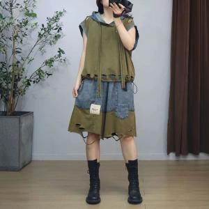 90s Fashion Hooded Blouse with Ripped Jorts