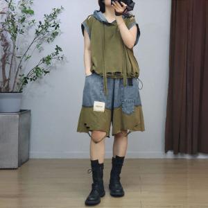 90s Fashion Hooded Blouse with Ripped Jorts