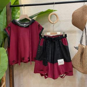 90s Fashion Hooded Blouse with Ripped Jorts