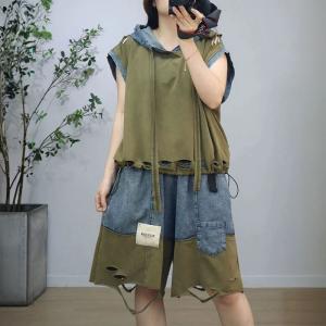 90s Fashion Hooded Blouse with Ripped Jorts