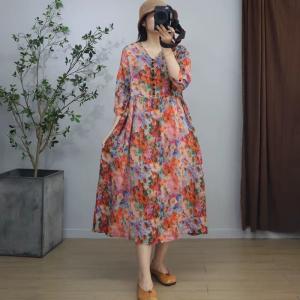V-Neck Ramie High Waist Loose Floral Dress