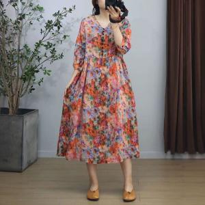 V-Neck Ramie High Waist Loose Floral Dress