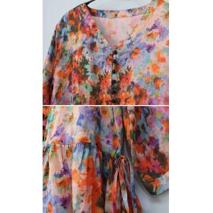V-Neck Ramie High Waist Loose Floral Dress